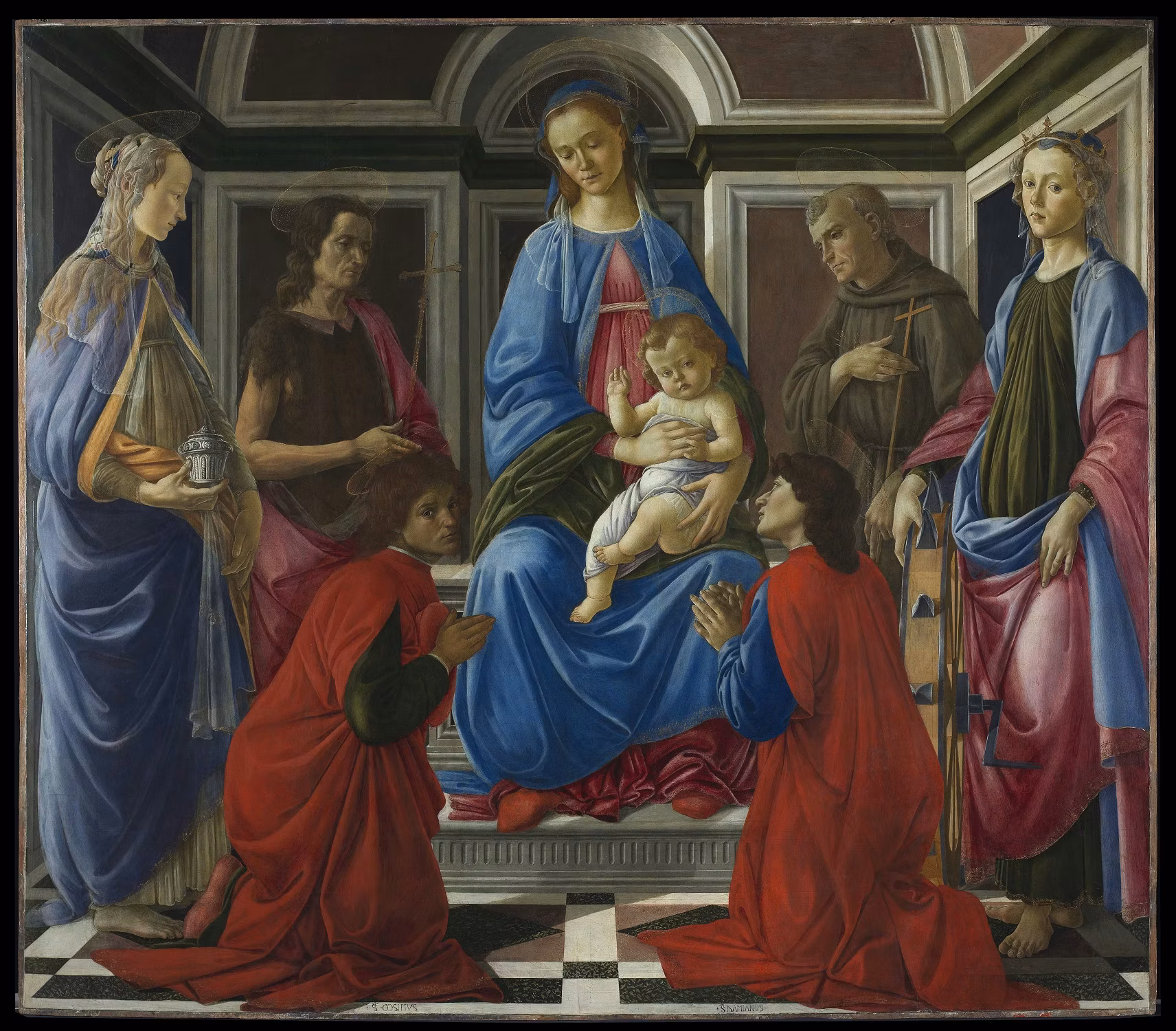 Virgin and Child enthroned with the saints Mary Magdalene, John the Baptist, Francis of Assisi, Catherine of Alexandria, Cosmas and Damian Virgin and Child enthroned with the saints Mary Magdalene, John the Baptist, Francis of Assisi, Catherine of Alexandria, Cosmas and Damian